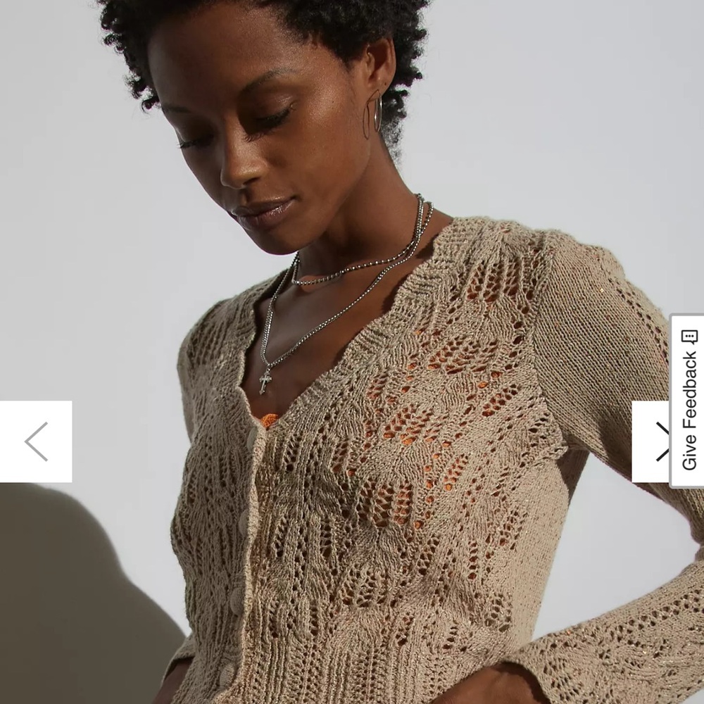 LoveShackFancy Tan Cardigan with Intricate Lacework